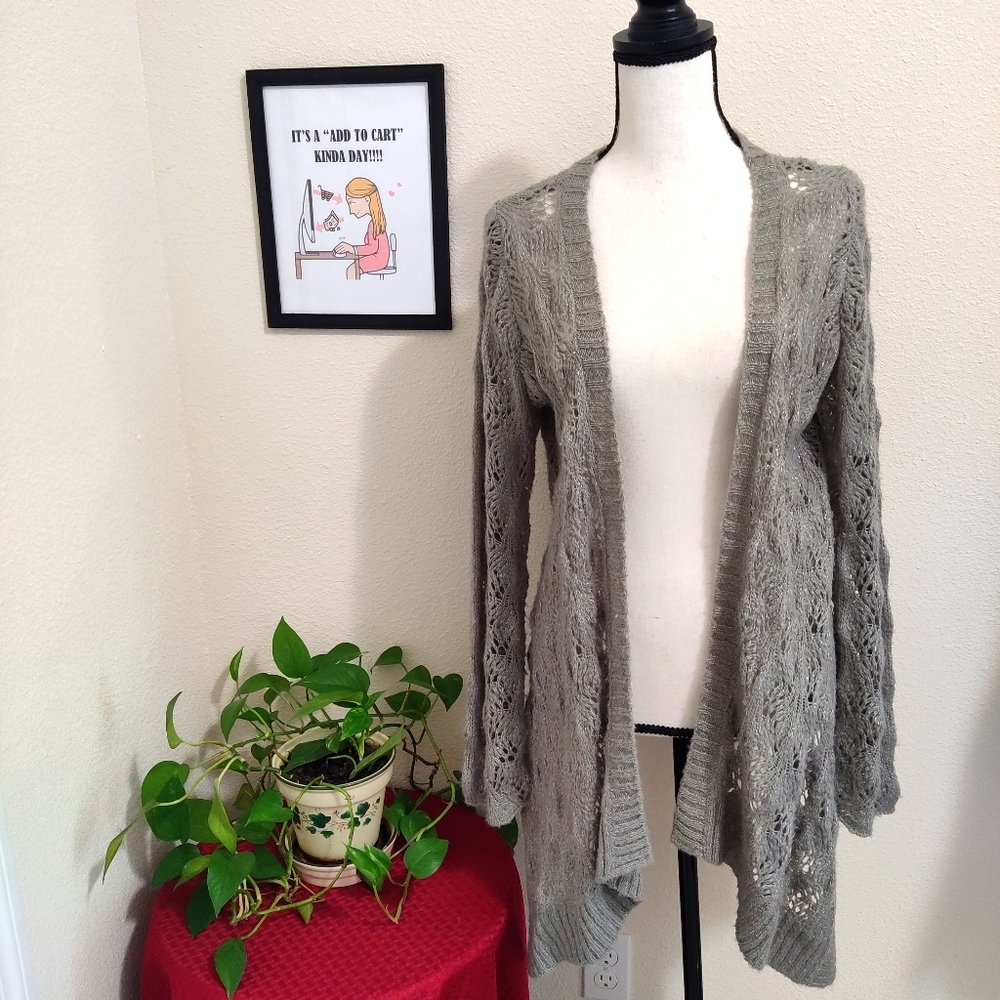 Yarn Arts Gray Asymmetric Open Knit Cardigan Sweater Medium Draped Hem